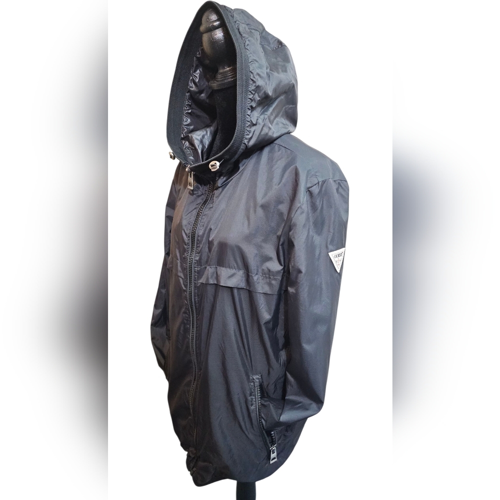Guess? Black Hooded Windbreaker Rain Jacket Medium